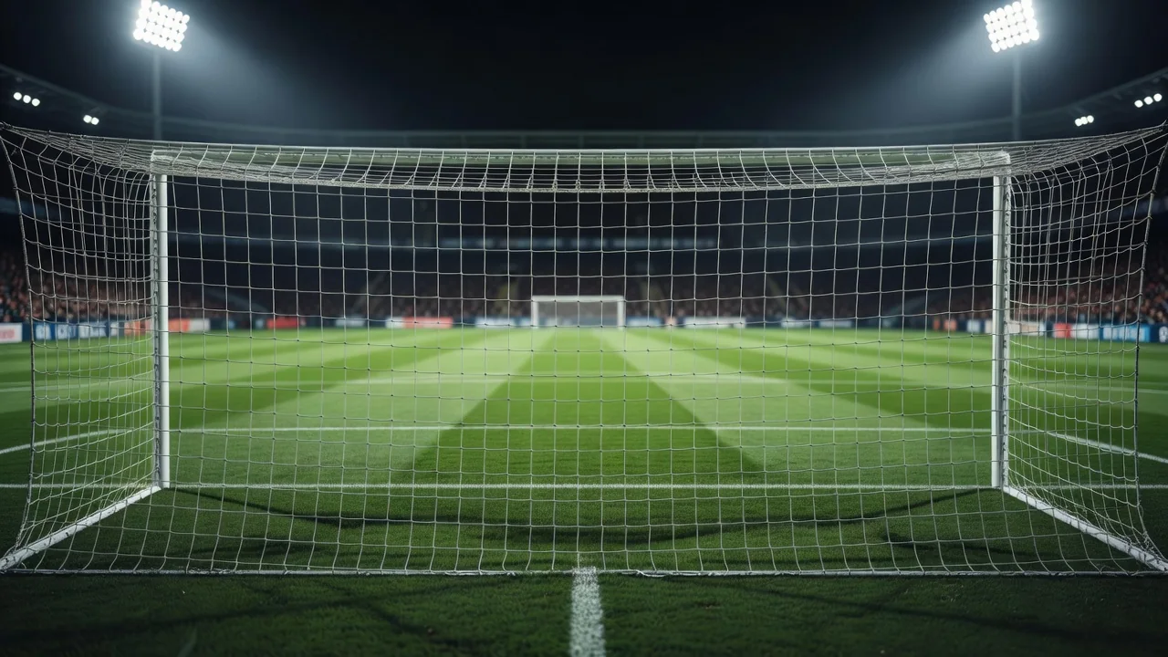 Goal net seen from behind with an empty penalty area