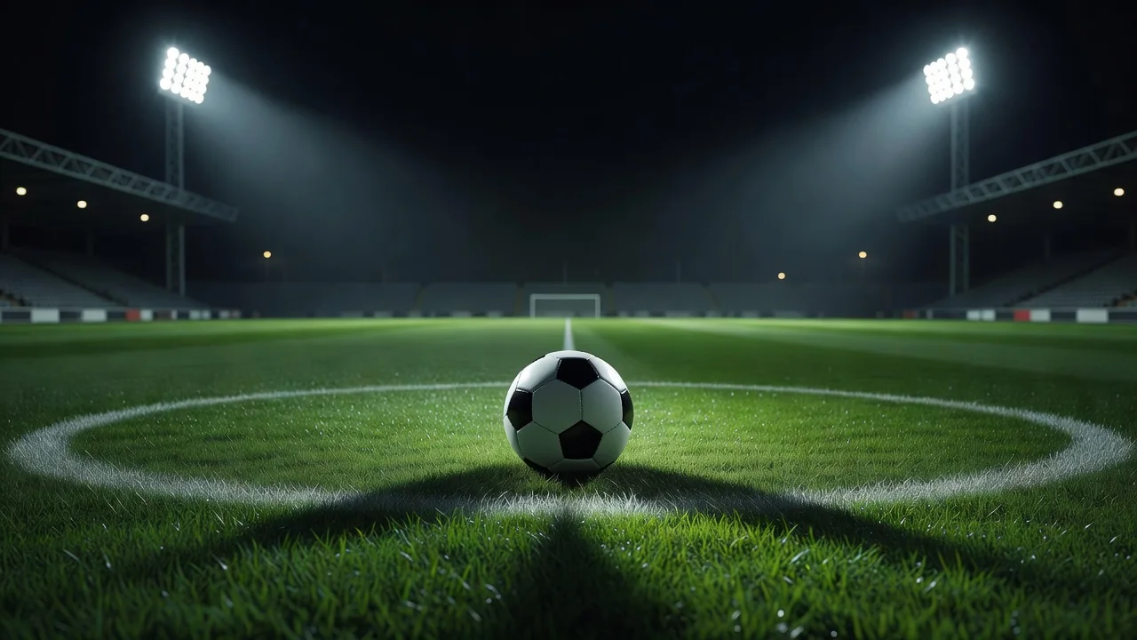 Football placed on the penalty spot at night