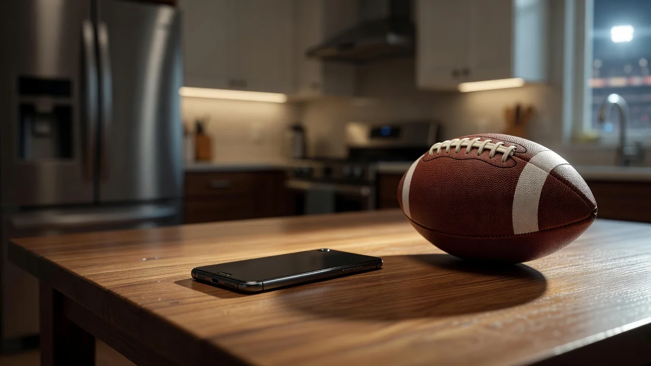 Open blank notebook beside a coffee and a football on a kitchen table