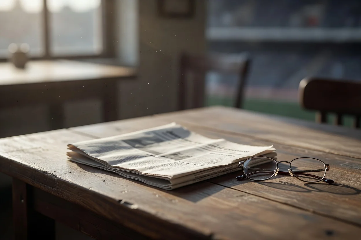 Newspaper folded beside reading glasses on a wooden table