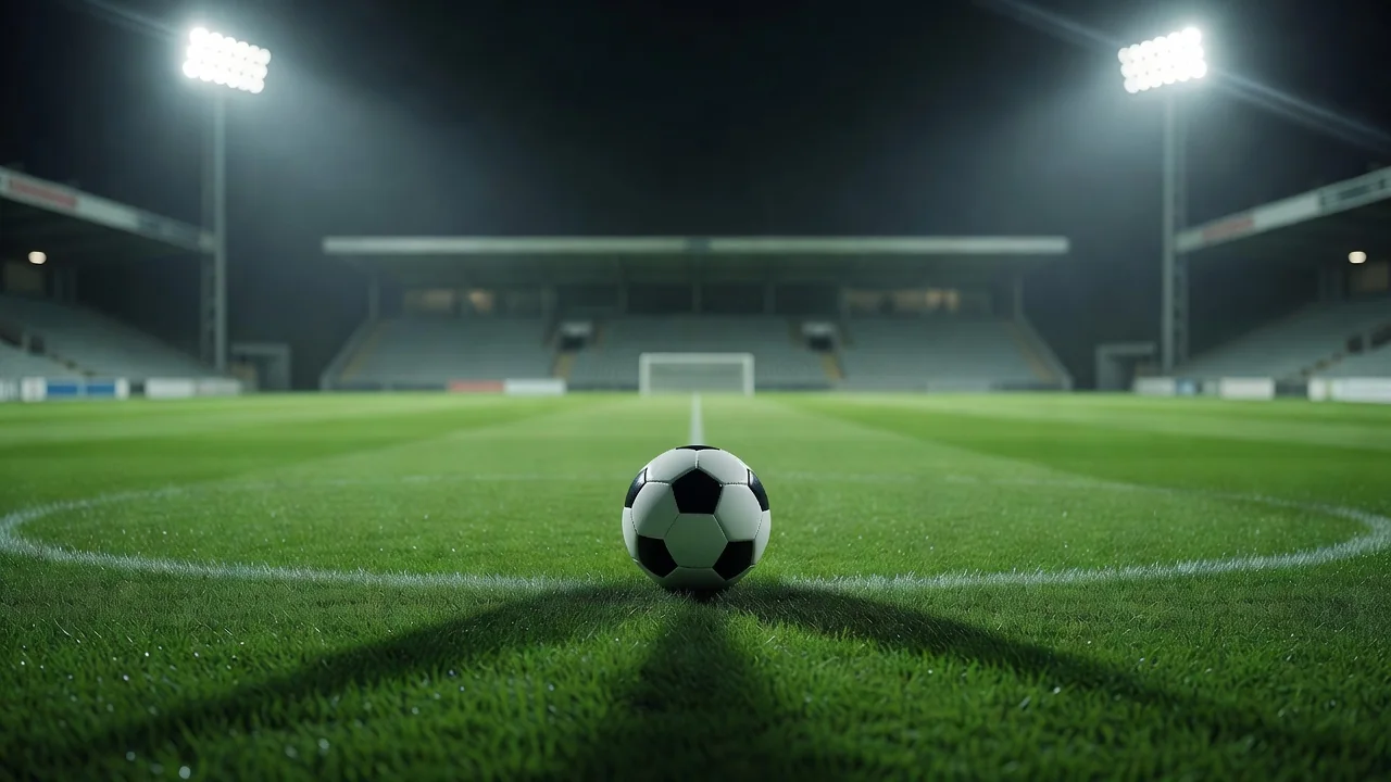 Football resting on the centre circle under stadium floodlights