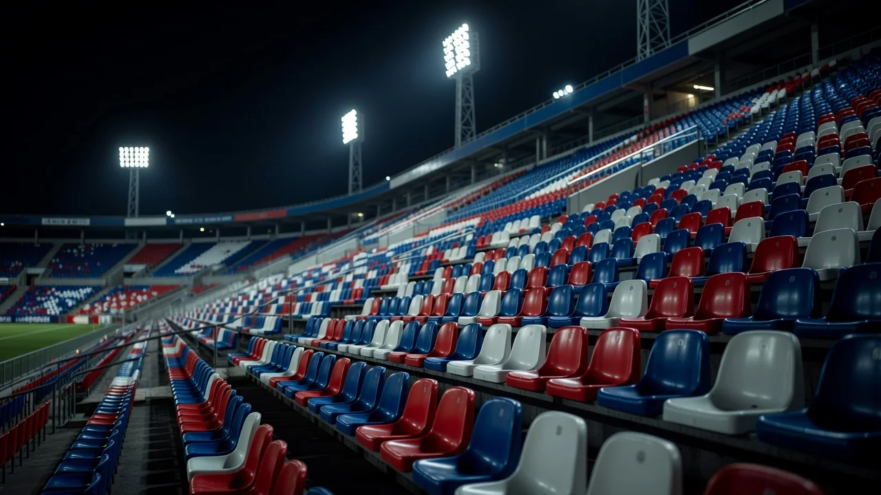 Empty European stadium seats in neat coloured rows at night