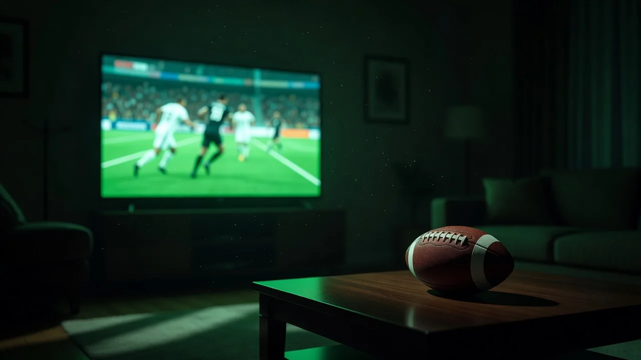 Television glowing in a dark living room with a football on the table
