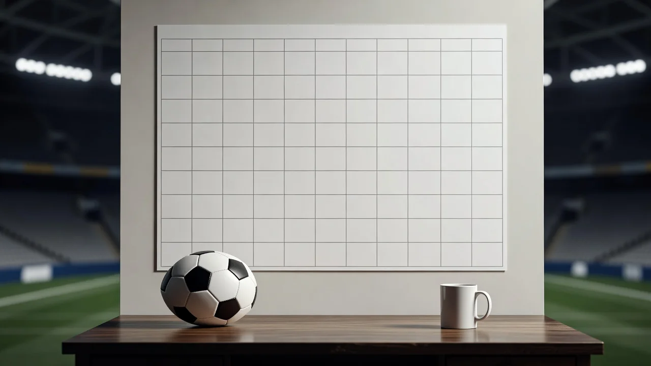 Blank wall planner with a football and a mug on a desk