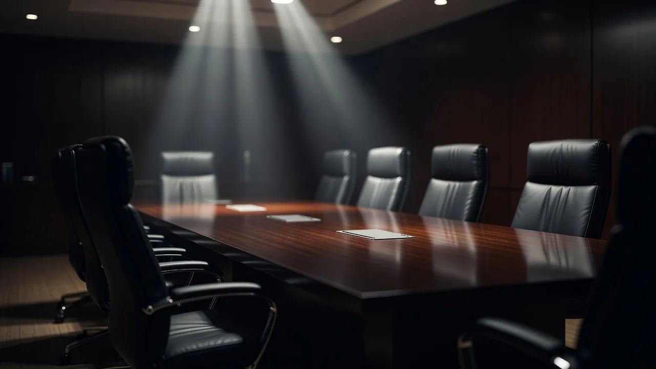 Empty boardroom chairs around a polished table