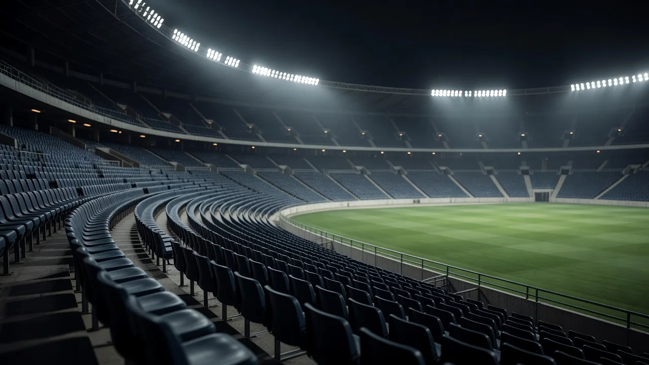 Empty Camp Nou-style stadium bowl under floodlights