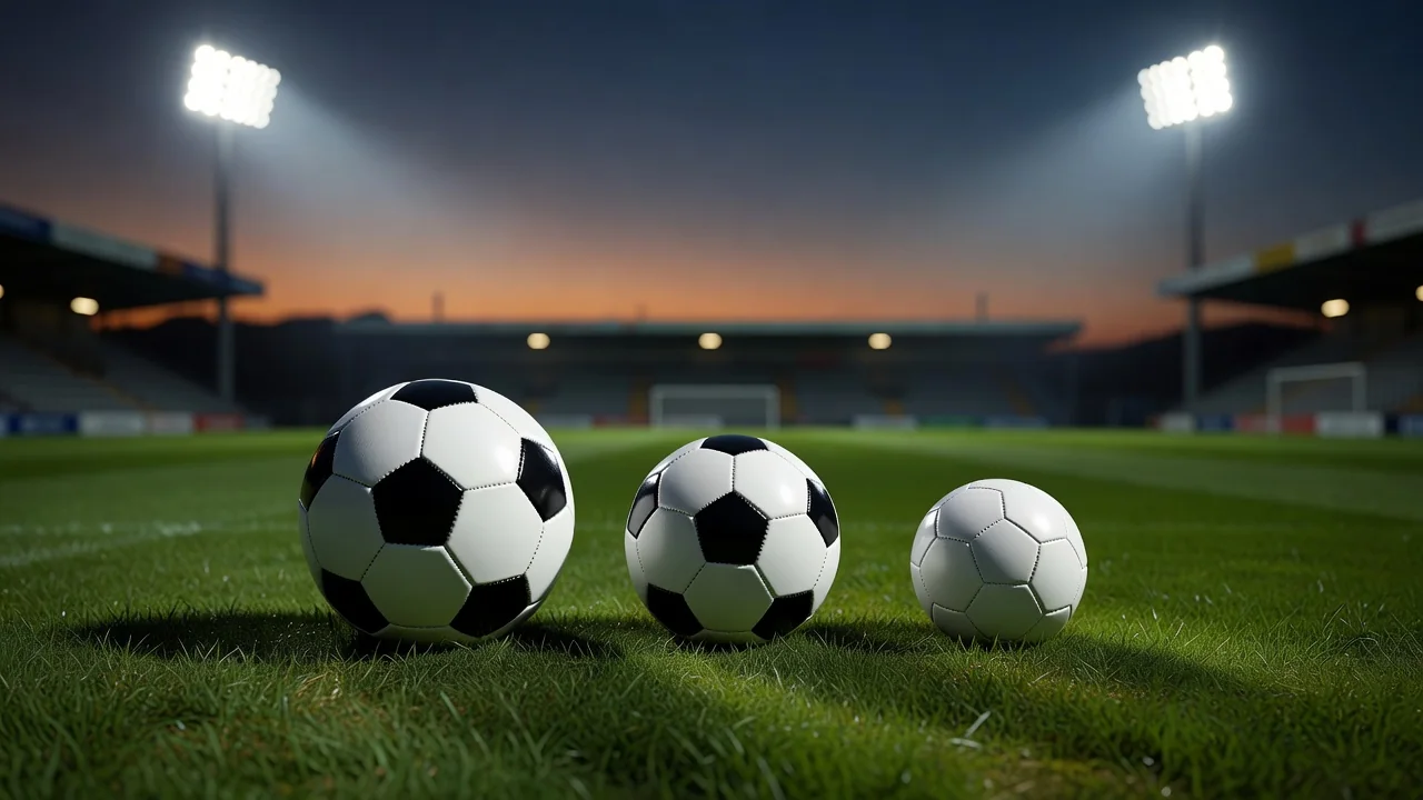 Three footballs of different sizes lined up on a pitch at dusk