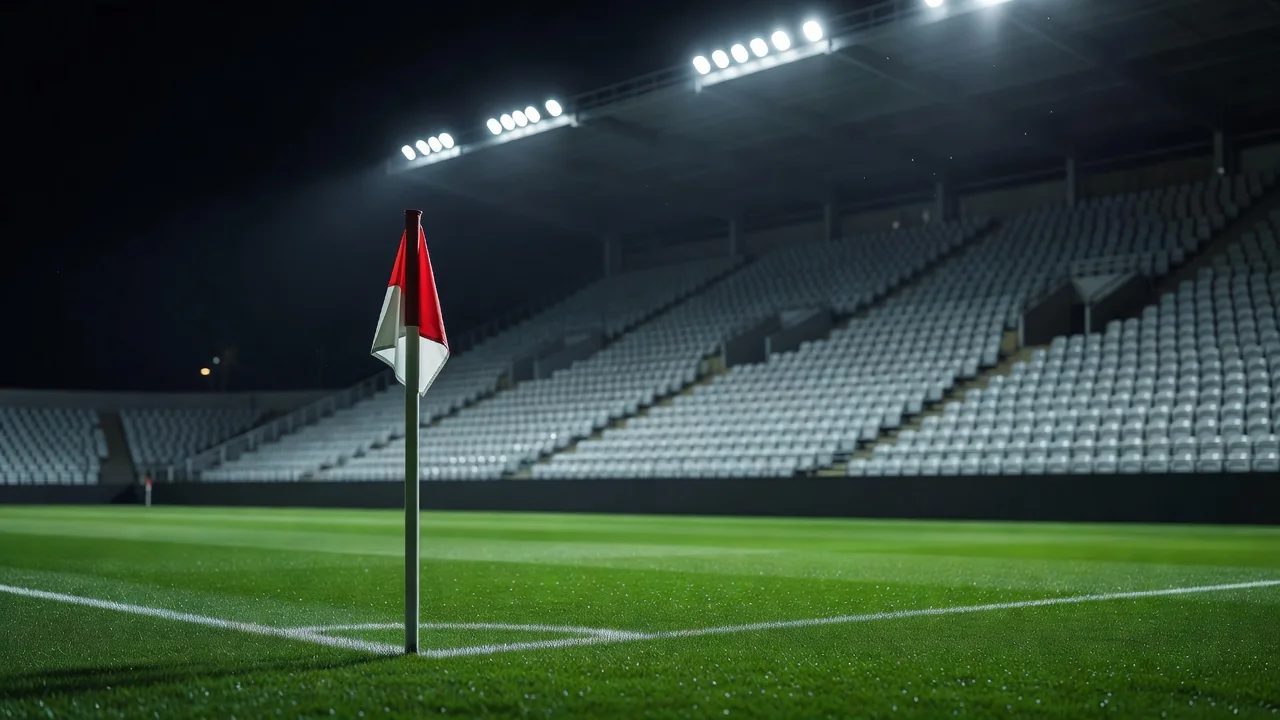 Corner flag in front of a compact packed stand under floodlights