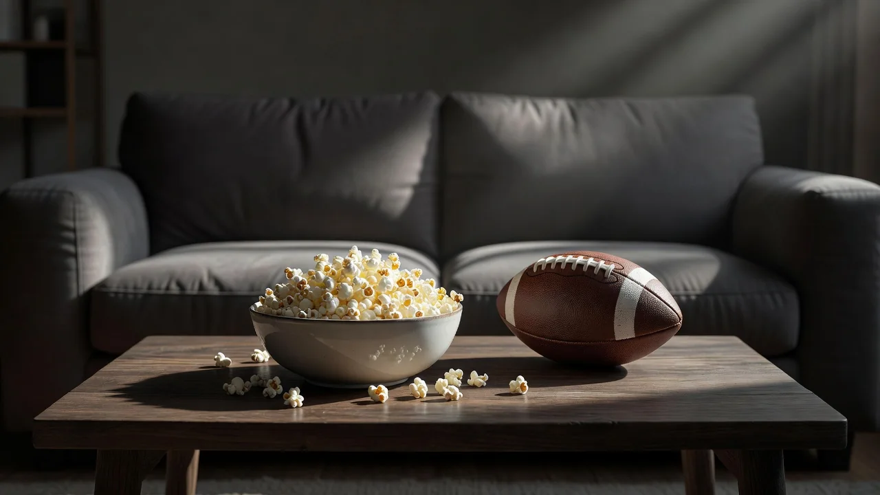 Single television glowing in a dim room with a cup of tea