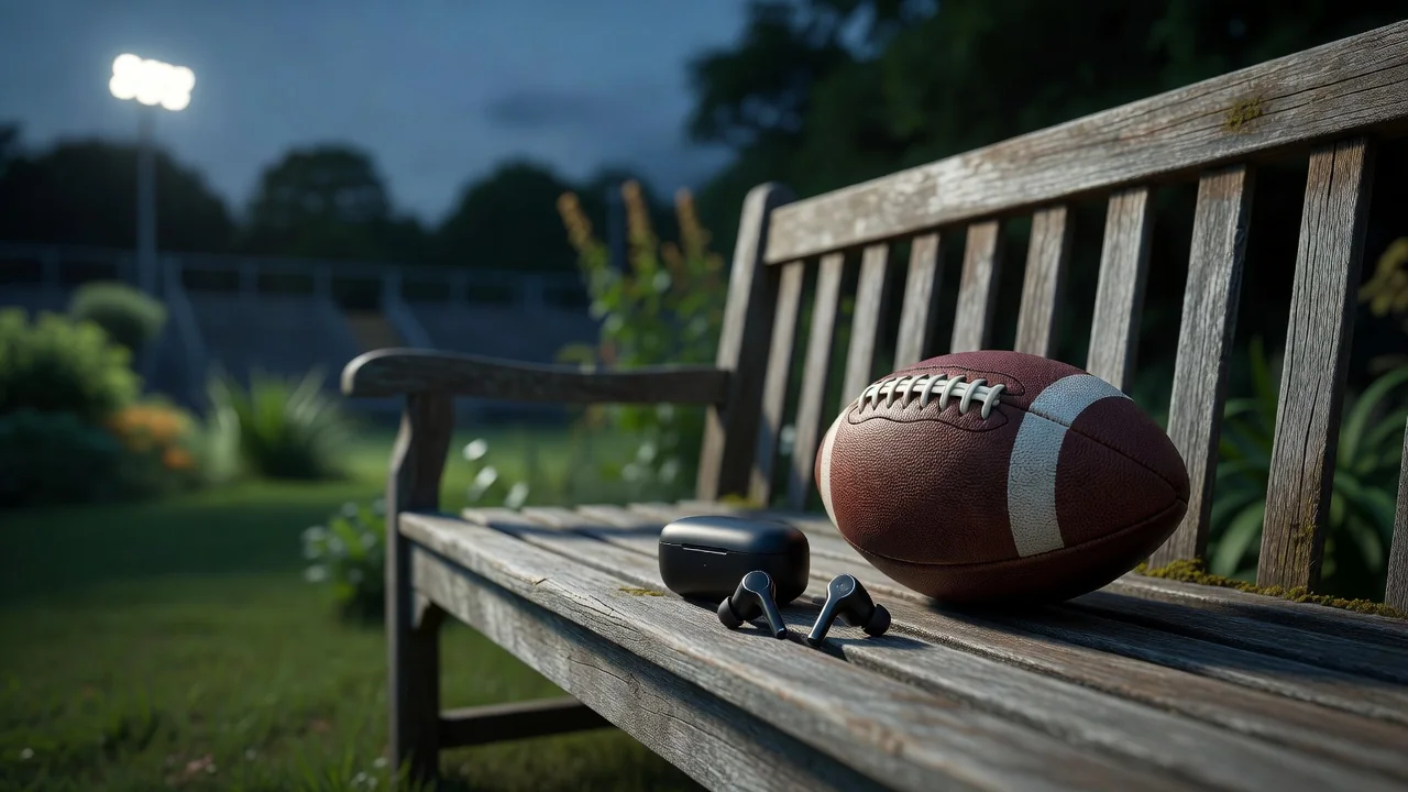 Old portable radio beside a football on a garden bench