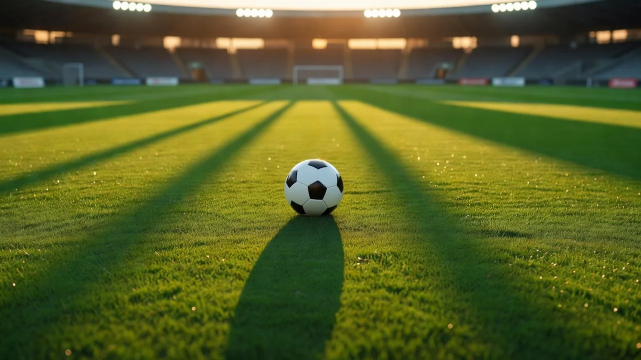 Football on a pitch at golden hour with long shadows