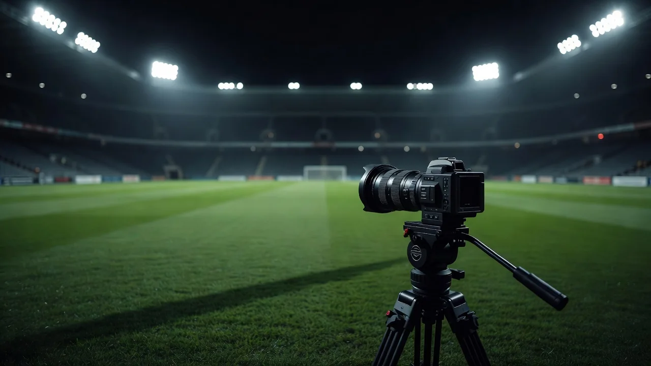 Broadcast camera lens on a tripod pointed at an empty pitch
