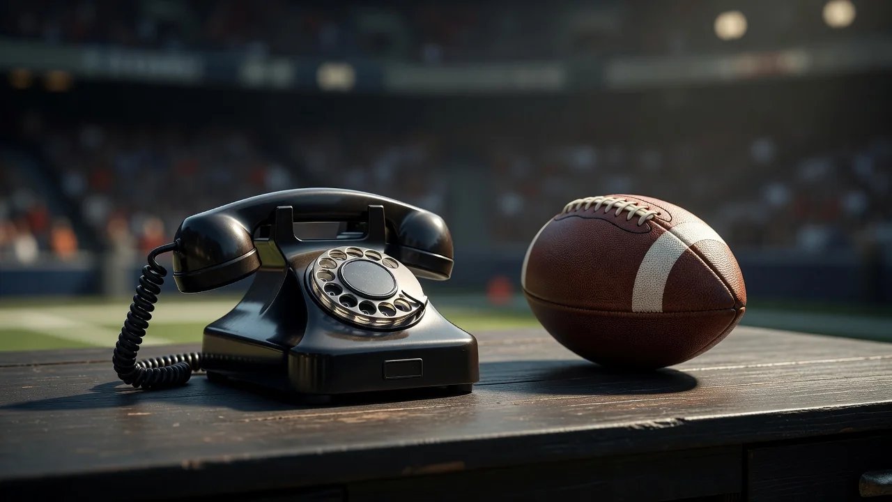 Old-fashioned telephone beside a football on a desk