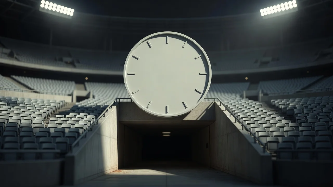 Blank countdown clock face above an empty stadium tunnel