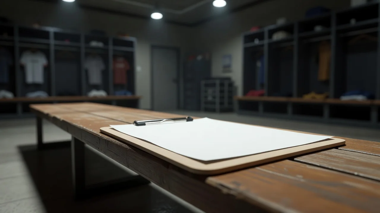 Blank team sheet clipboard on a dressing room bench