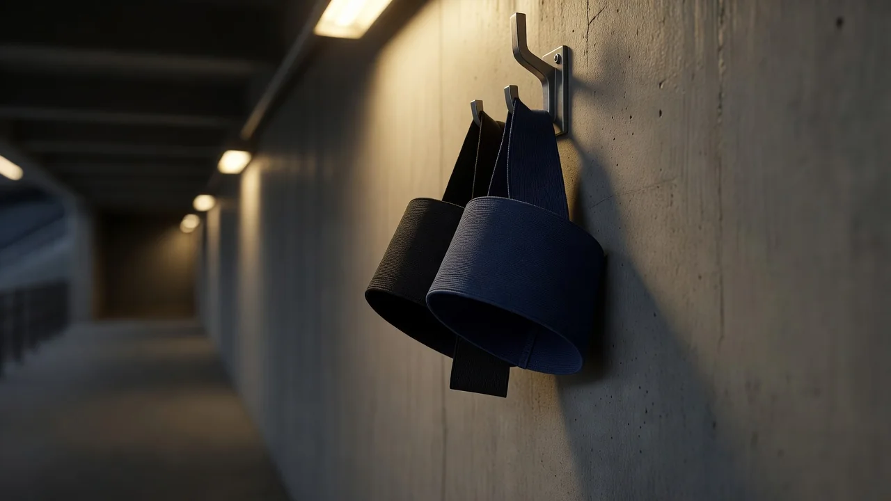 Two captains' armbands in plain colours on a hook in a tunnel