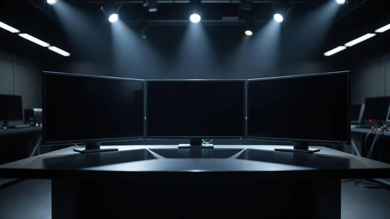 Analysis studio desk with blank monitors before broadcast