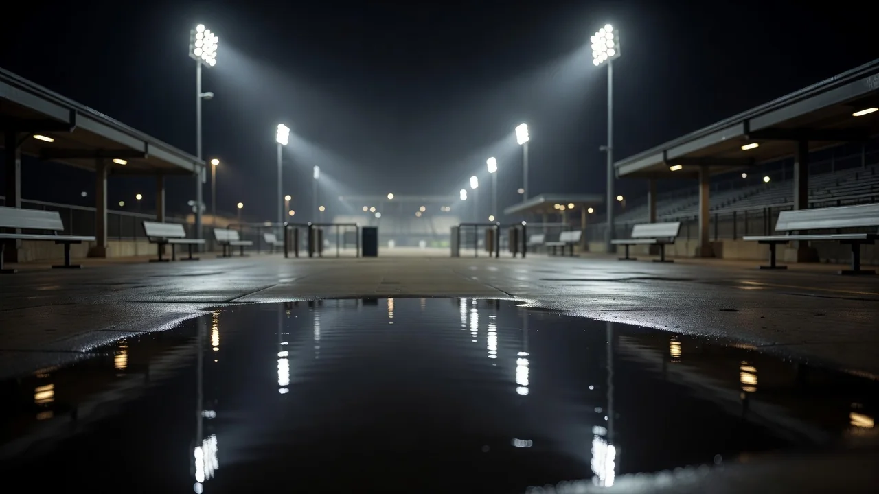 Floodlights reflected in a puddle on an empty stadium concourse
