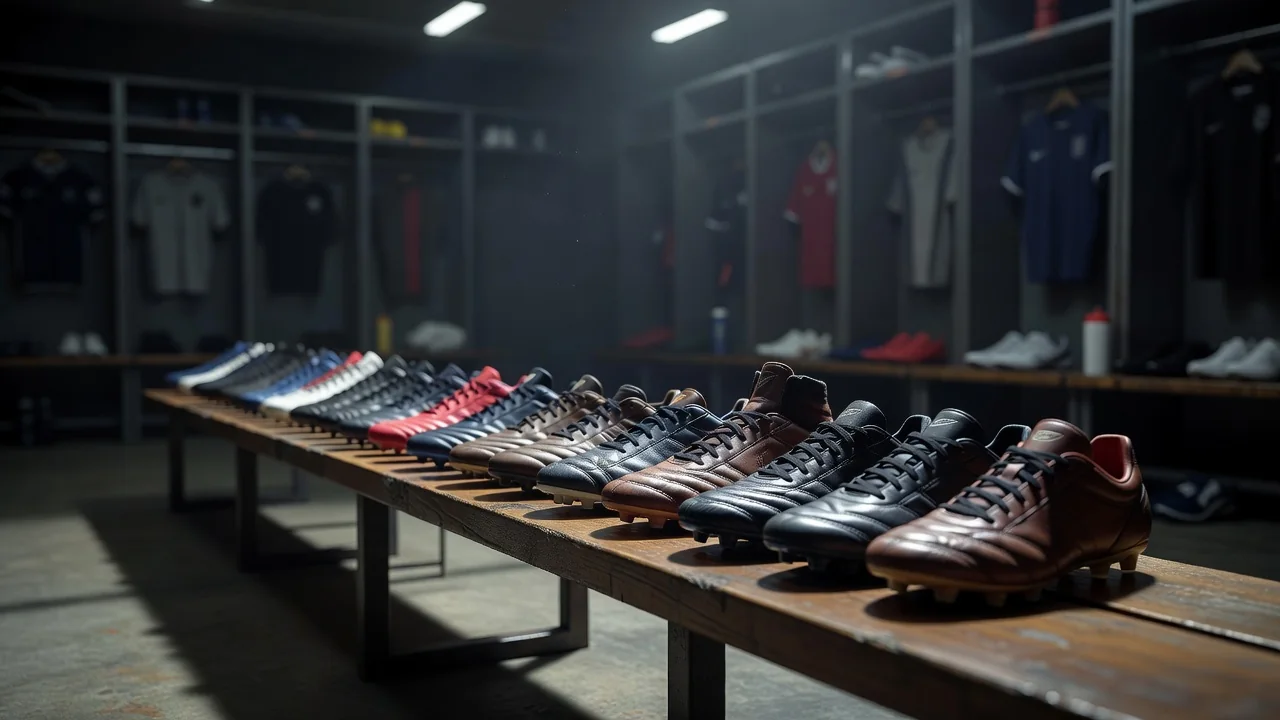 Football boots lined up on a dressing room bench