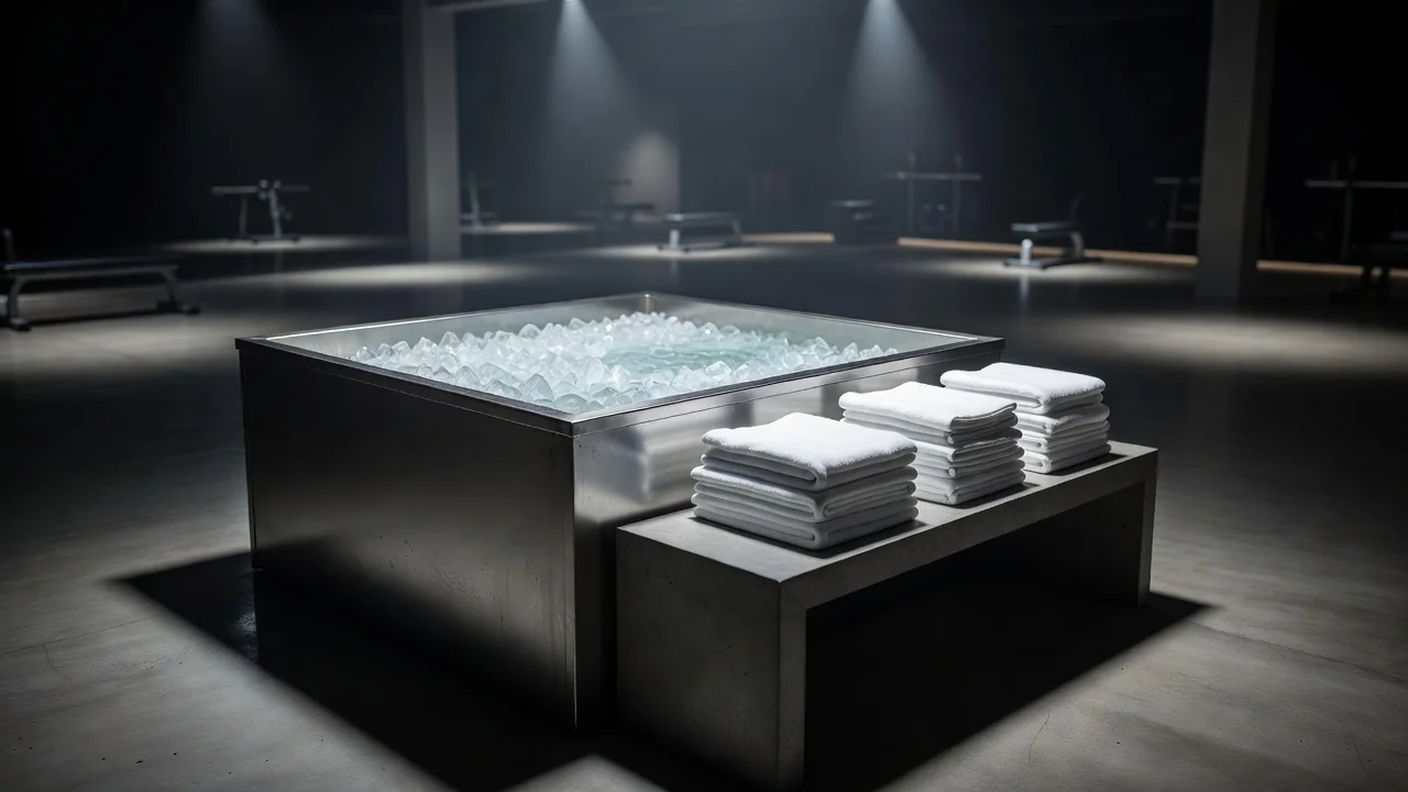 Recovery ice bath and towels in an empty training facility