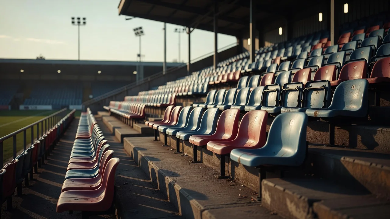 Rows of empty stadium seats in a lower-league stand