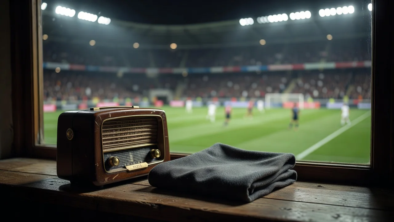 Old radio on a wooden windowsill with a football scarf nearby