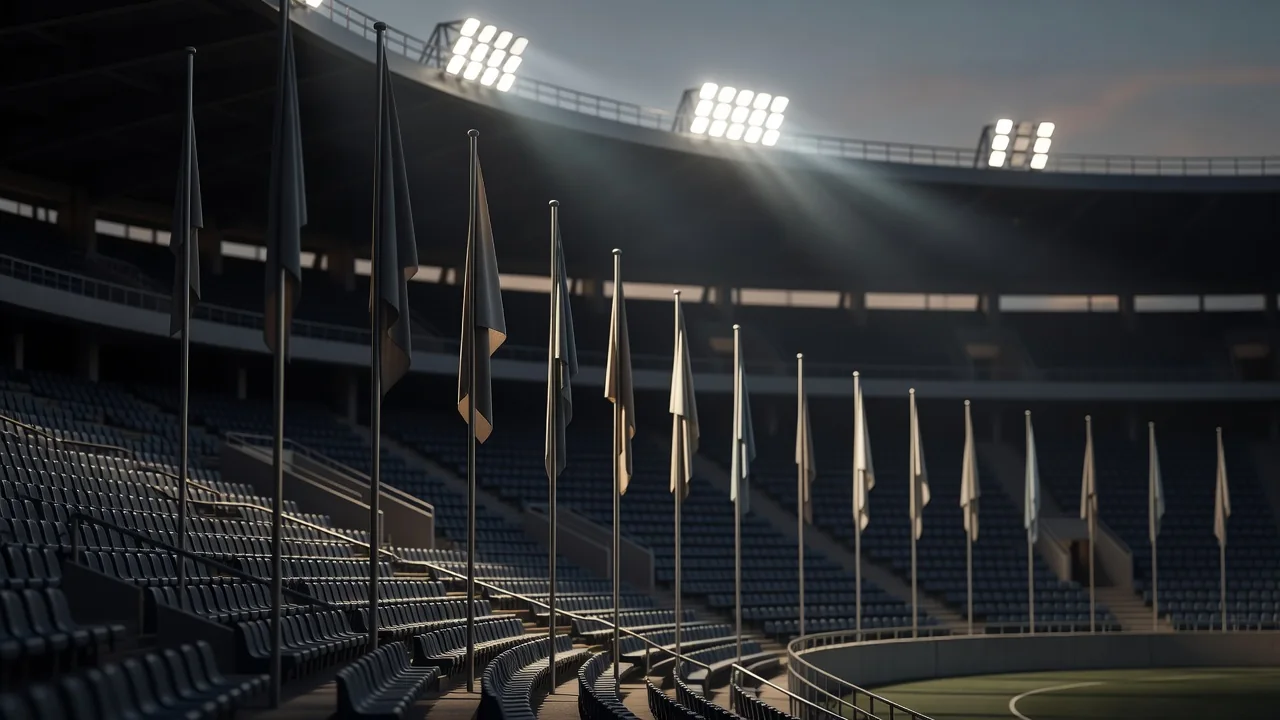Italian stadium curve under evening floodlights with flags waving