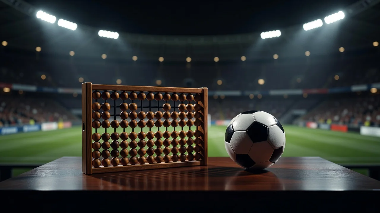 Abacus beside a football on a wooden desk