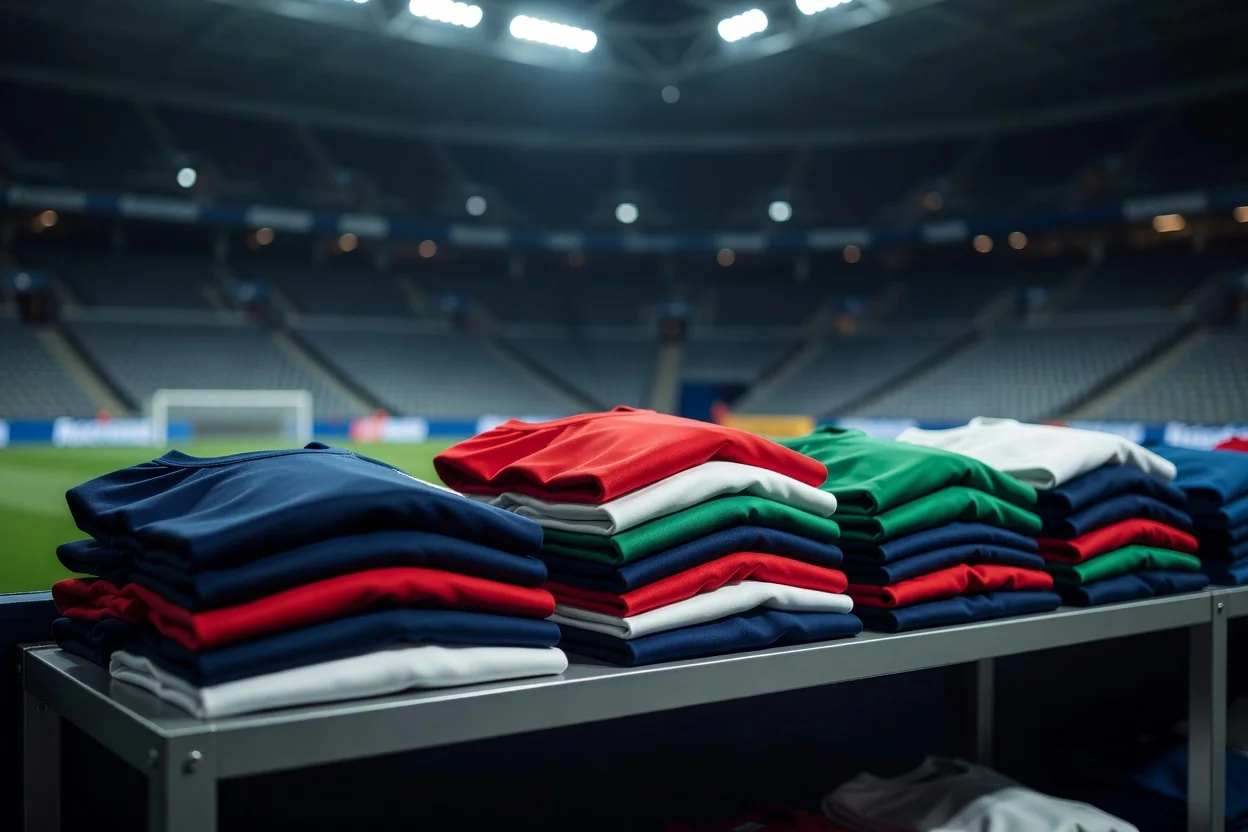 Row of different club scarves in plain colours folded on a shelf