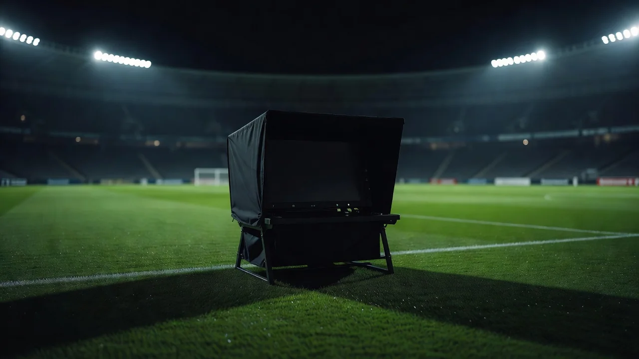 Empty referee review area with the monitor hood on the touchline