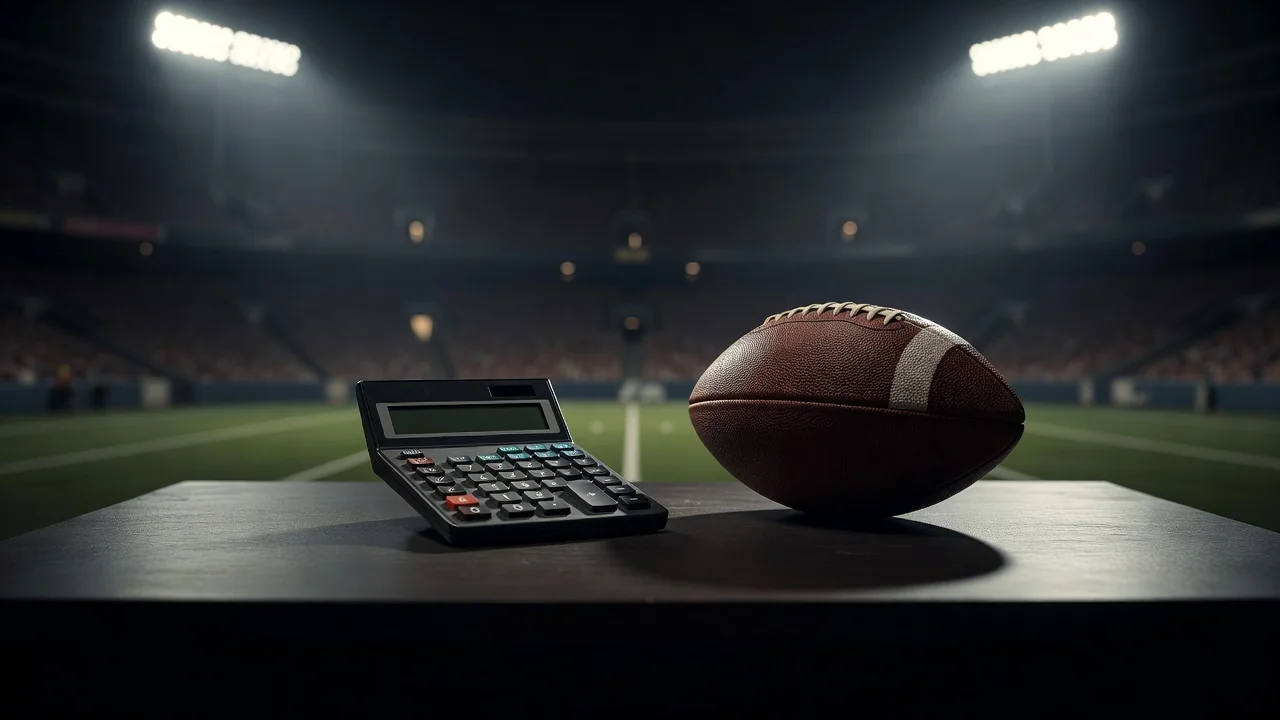 Calculator with a blank display beside a football on a desk