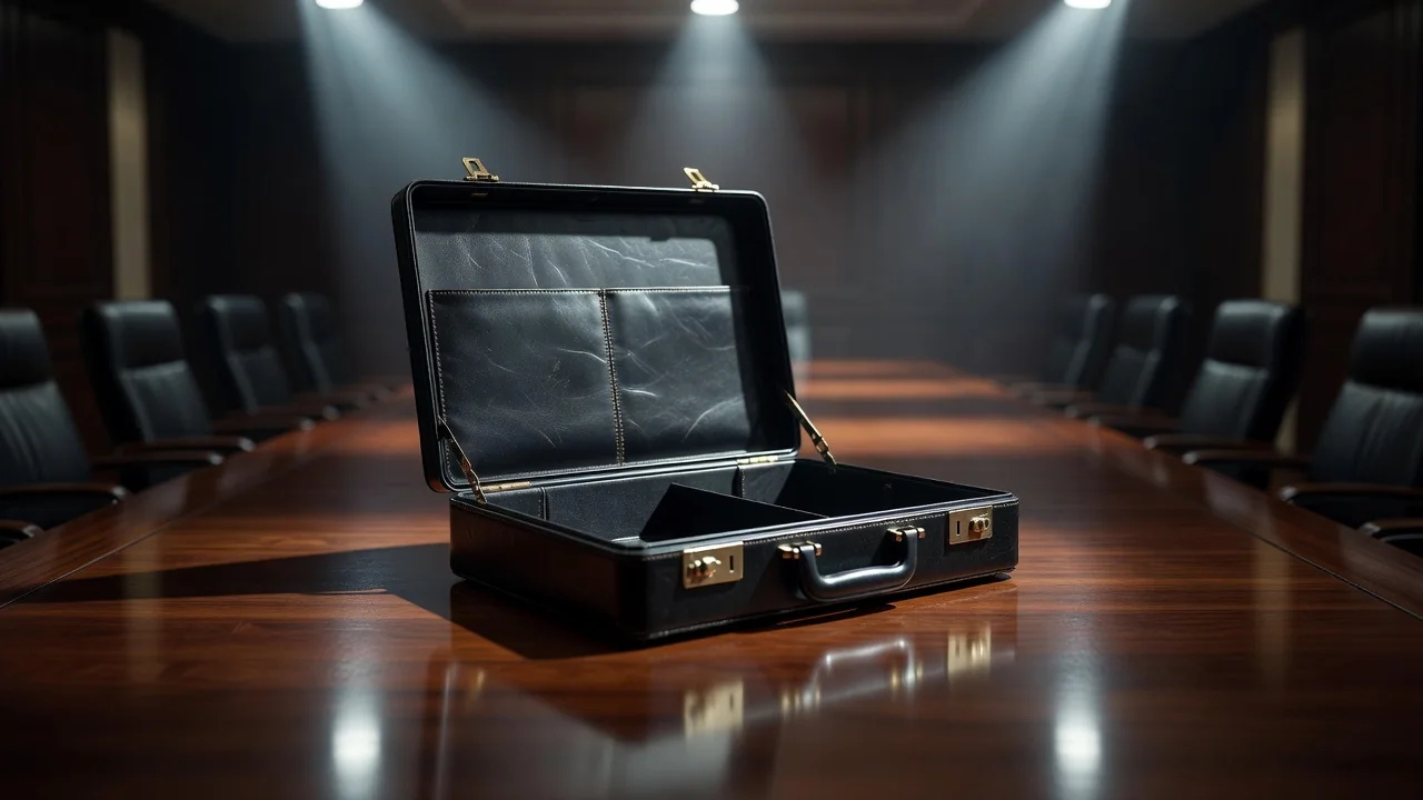 Empty leather briefcase open on a boardroom table
