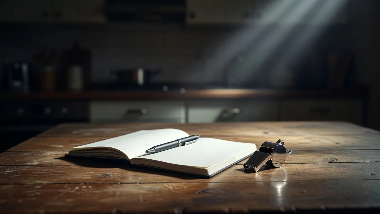 Open blank notebook with a pen and a referee whistle on a wooden table
