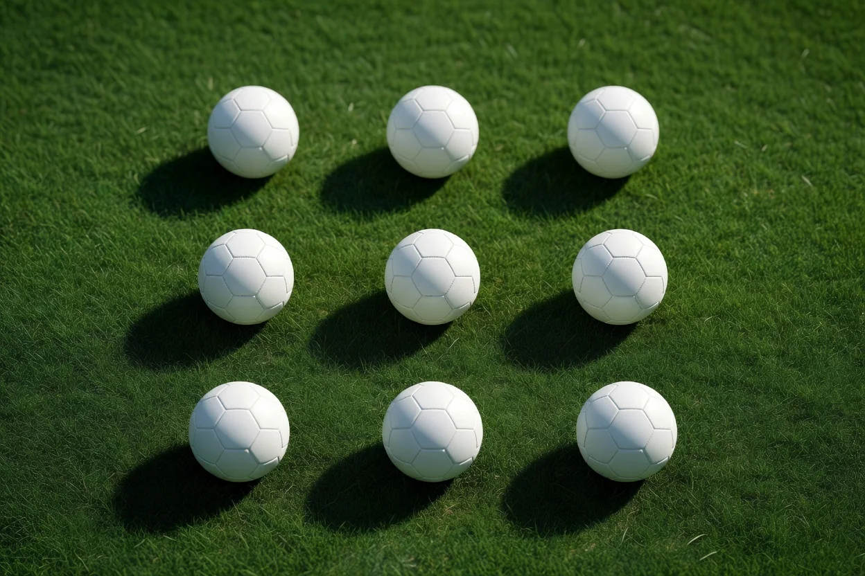 Footballs arranged in a neat grid pattern on pitch grass