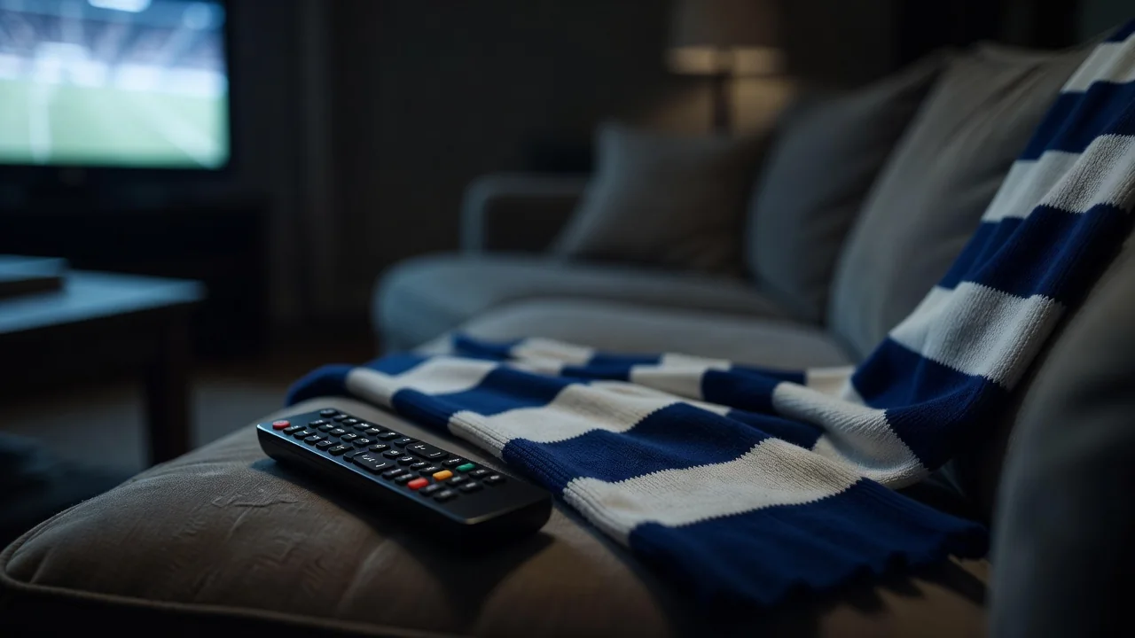 Television remote and a plain football scarf on a sofa in a dim room