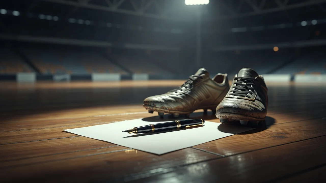 Fountain pen resting on a blank sheet of paper beside football boots