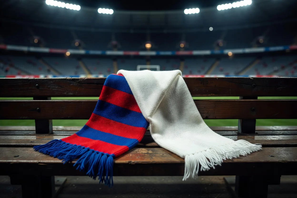 Two plain football scarves in blue-red and white crossed on a bench