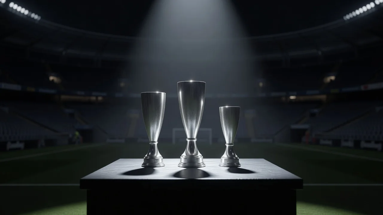 Three generic silver trophies of different sizes on a dark podium
