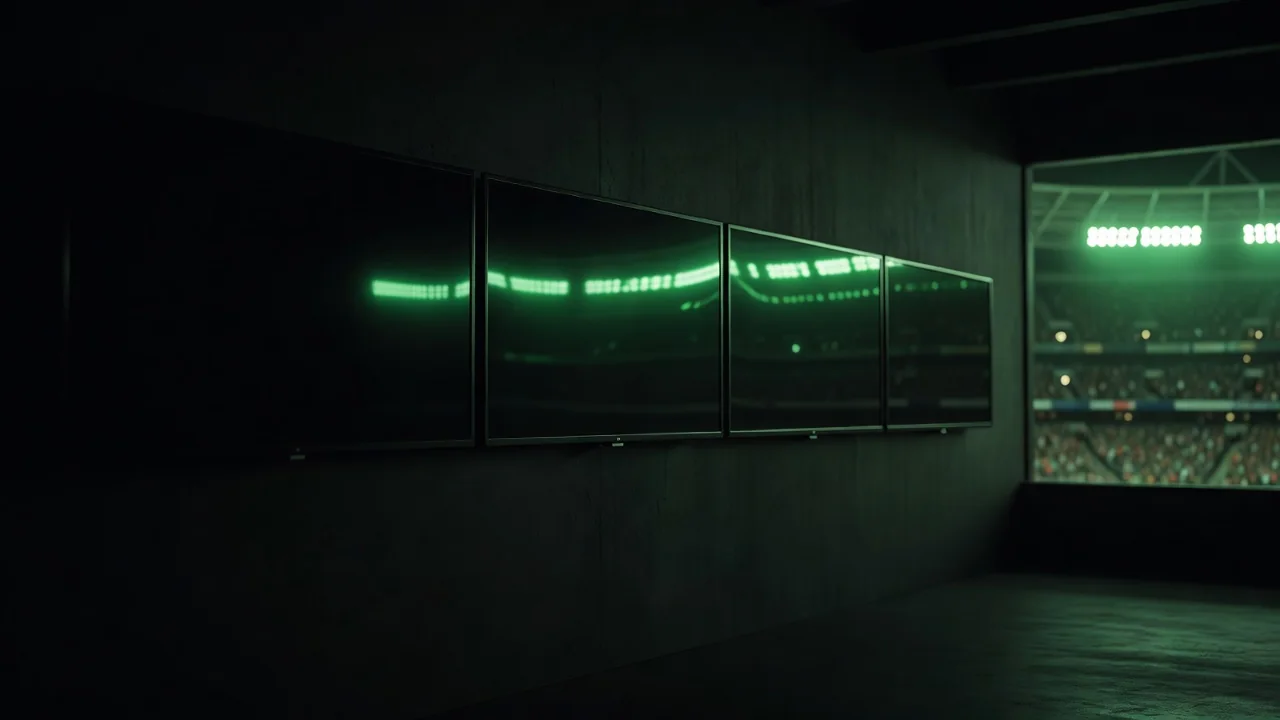 Four dark monitor screens on a wall reflecting stadium light