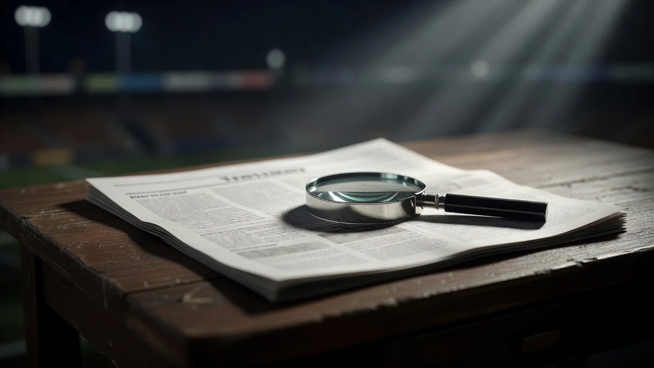 Magnifying glass lying over a blurred blank sports newspaper page