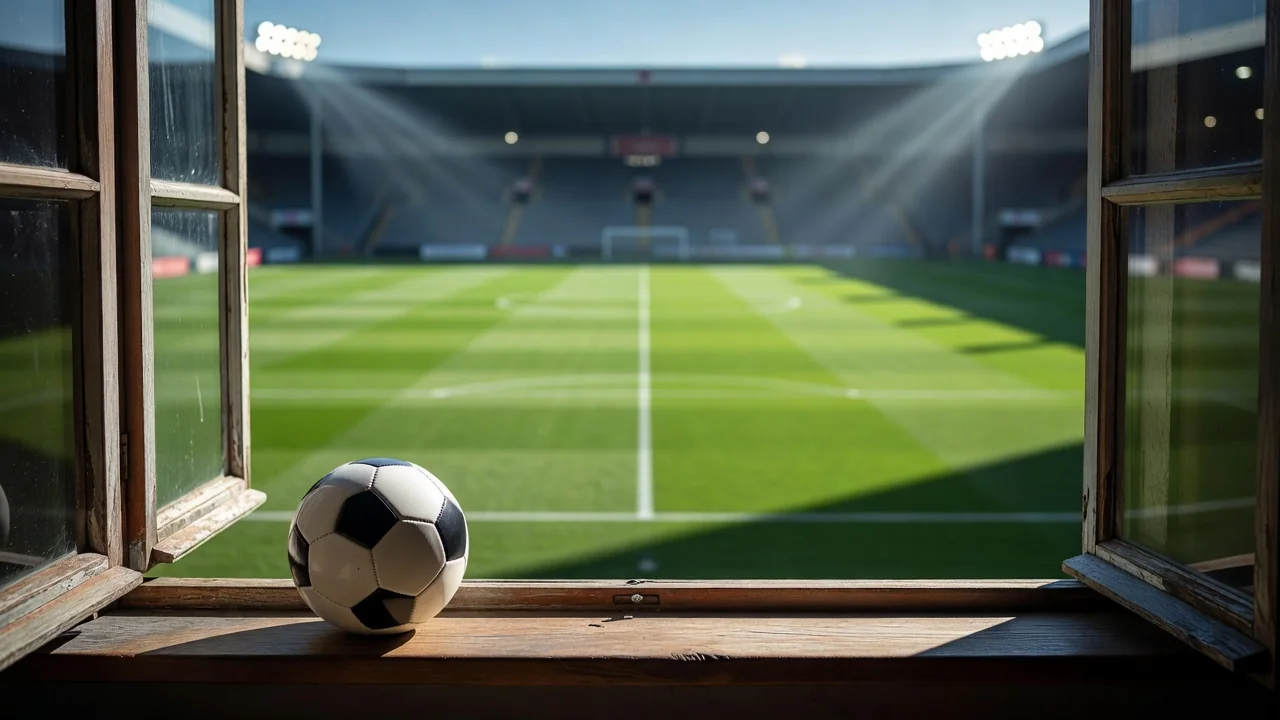 Open window frame overlooking a green pitch with a football on the sill