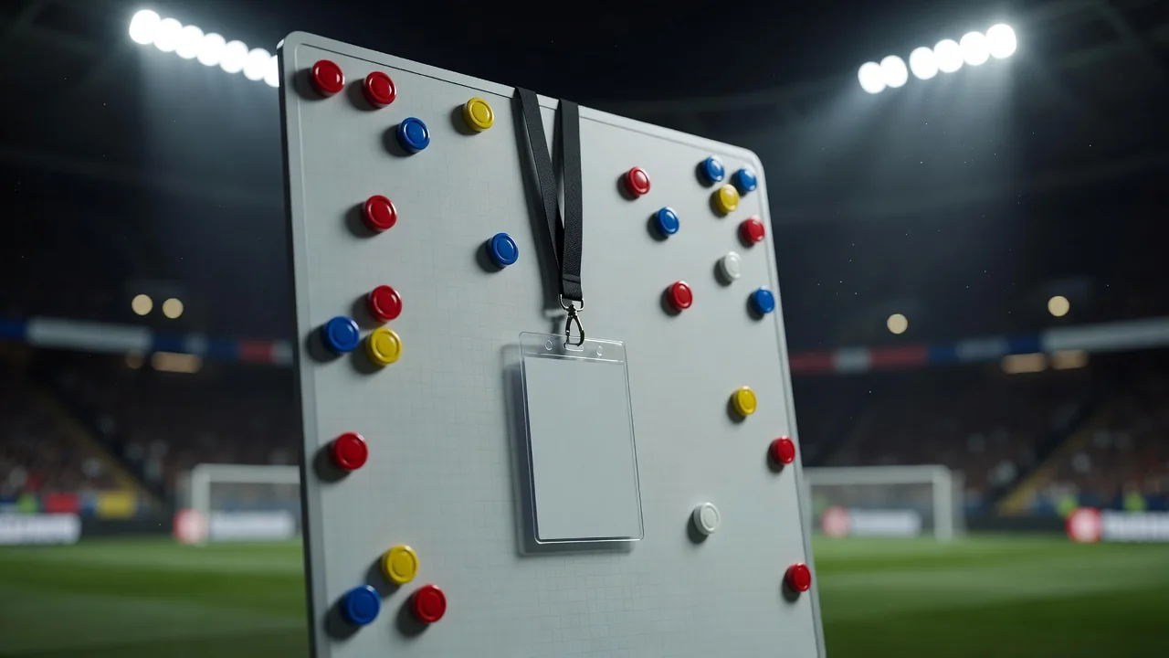 Blank press credential lanyard hanging on a tactics board