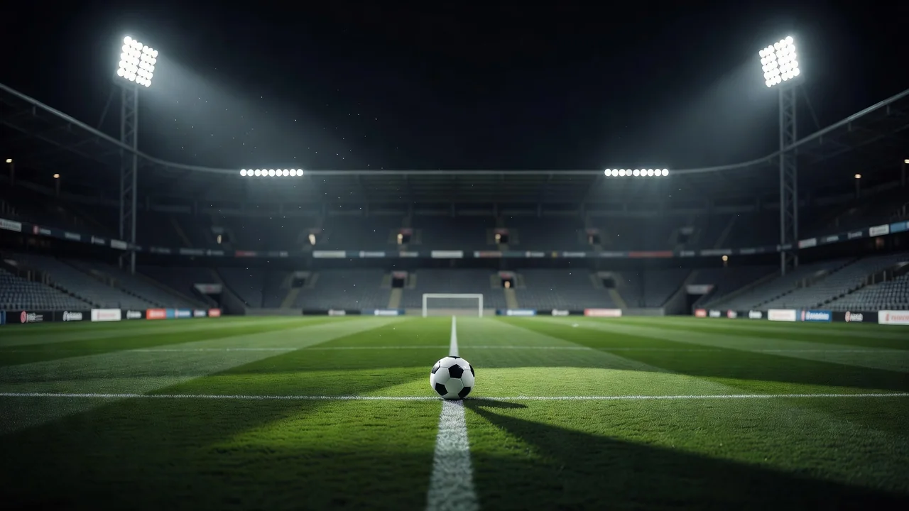 Floodlit empty stadium at night with a single ball on the centre spot