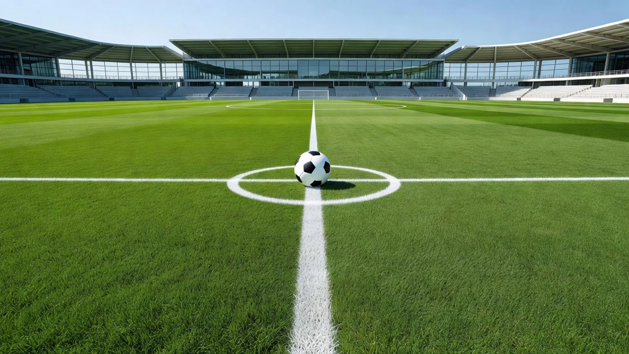 Classic leather football resting on dewy pitch grass at sunrise with empty stands