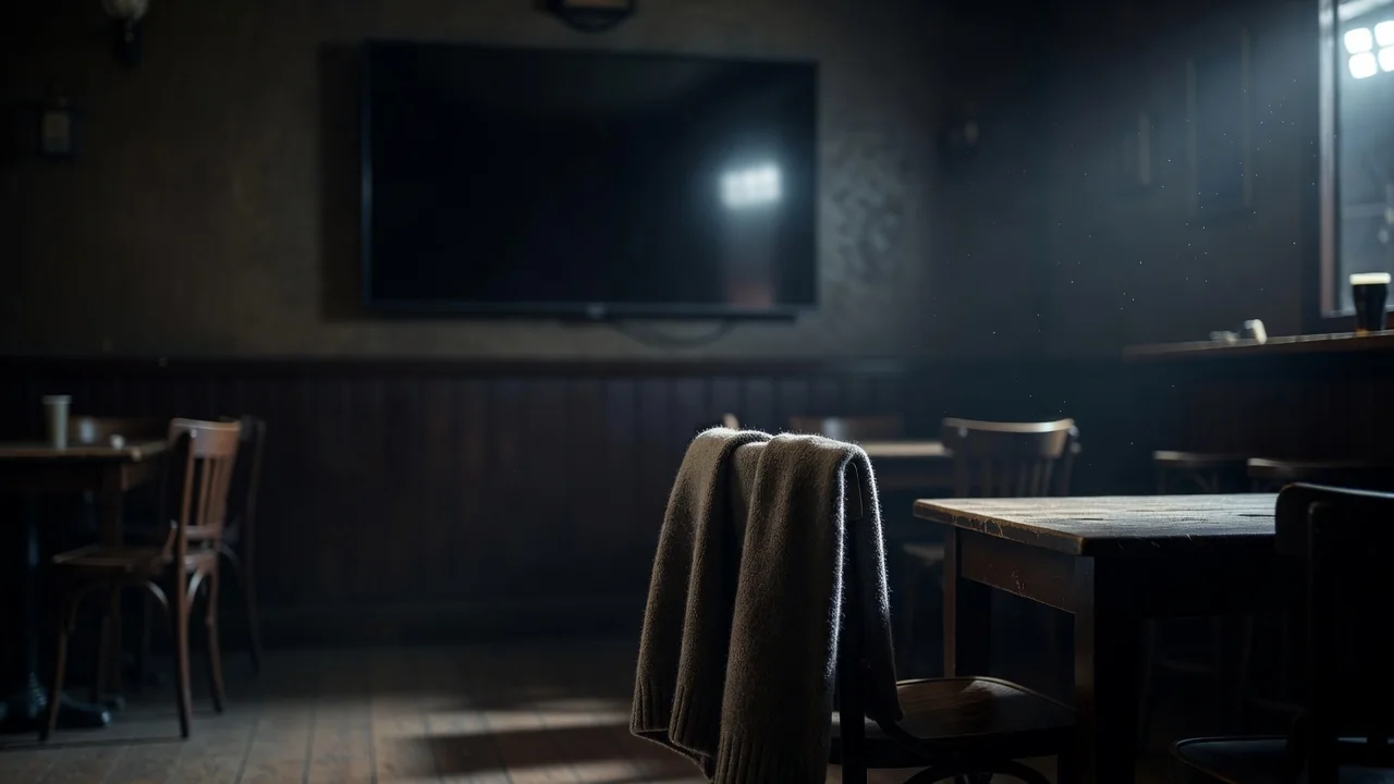 Dark television screen in a quiet pub room with a plain scarf on a chair