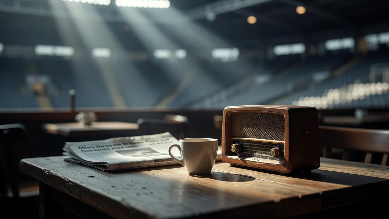 Espresso cup beside a small radio on a cafe table with a blurred newspaper
