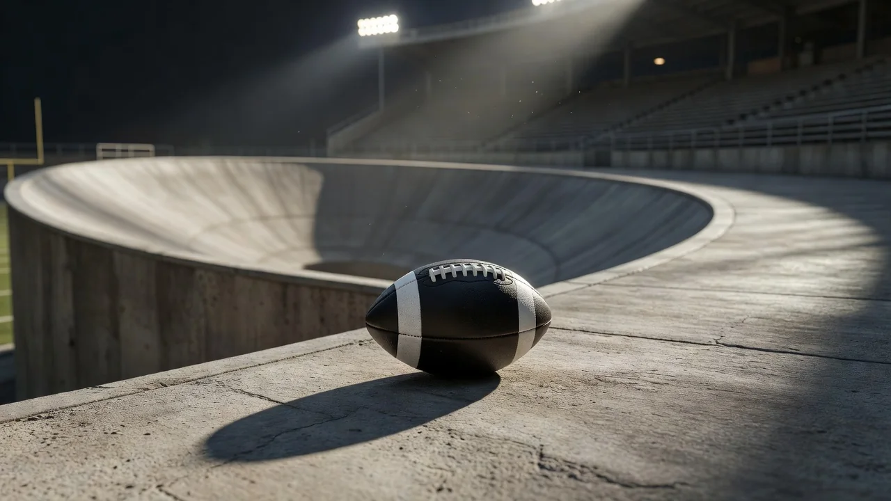 Classic black and white leather football on a concrete spiral stadium ramp