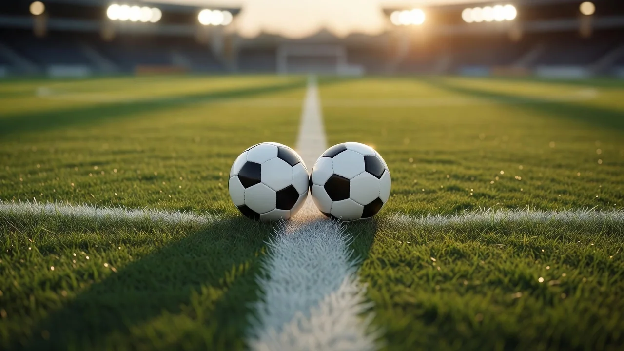 Two footballs side by side touching a white pitch line