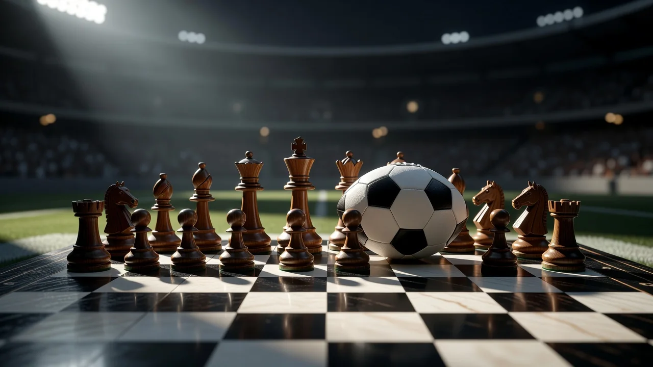 Chess pieces standing beside a football on a chessboard