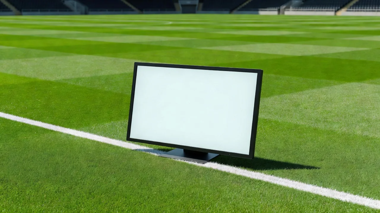 Pitch-side review monitor glowing blank beside a green pitch at night